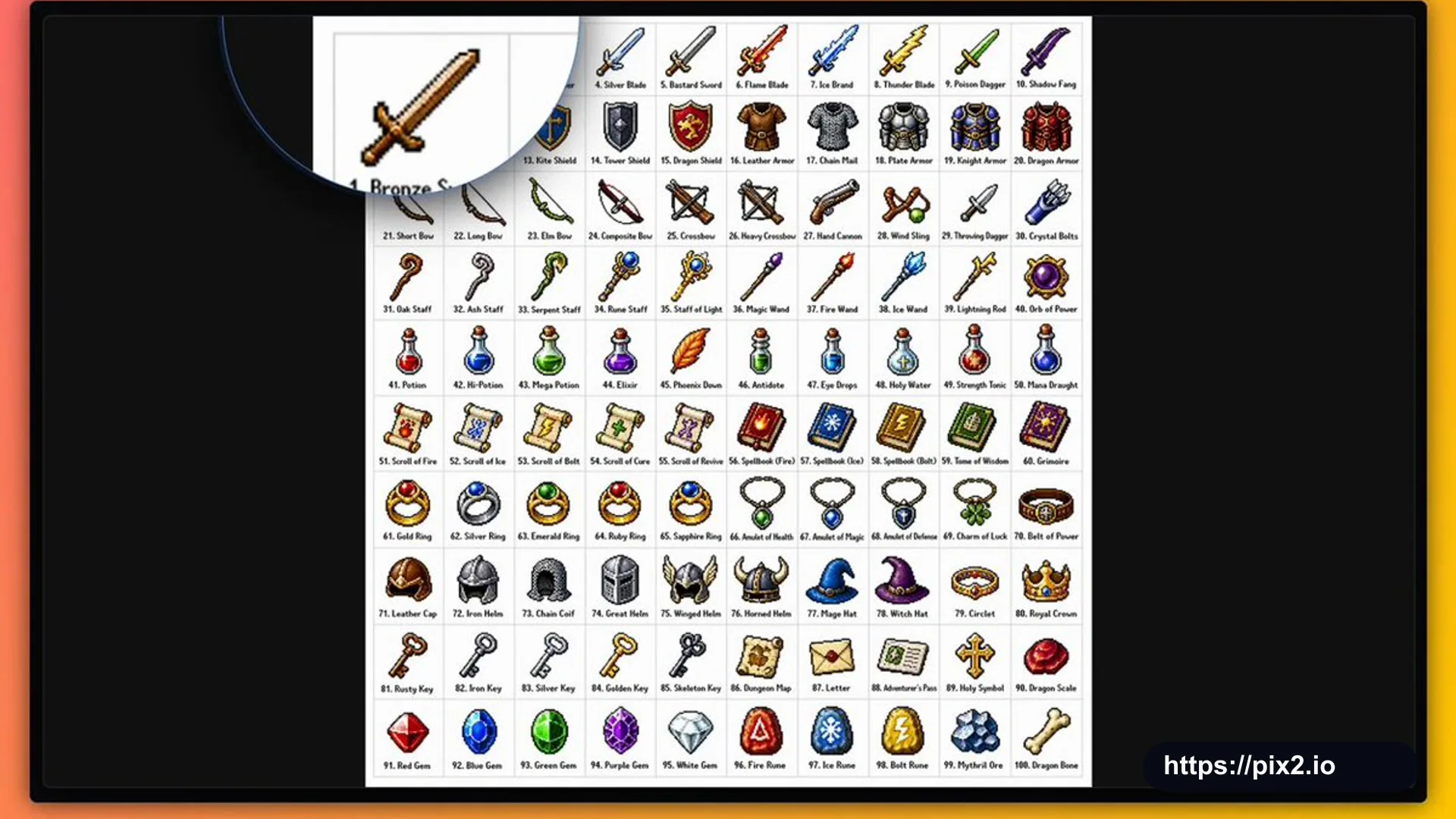 Pixel Item Grid With 100 Labeled Objects