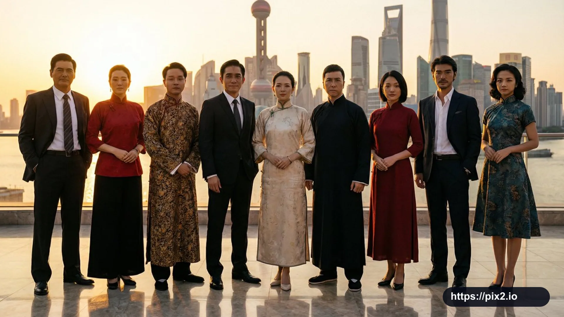 Cinematic Bund Rooftop Group Portrait
