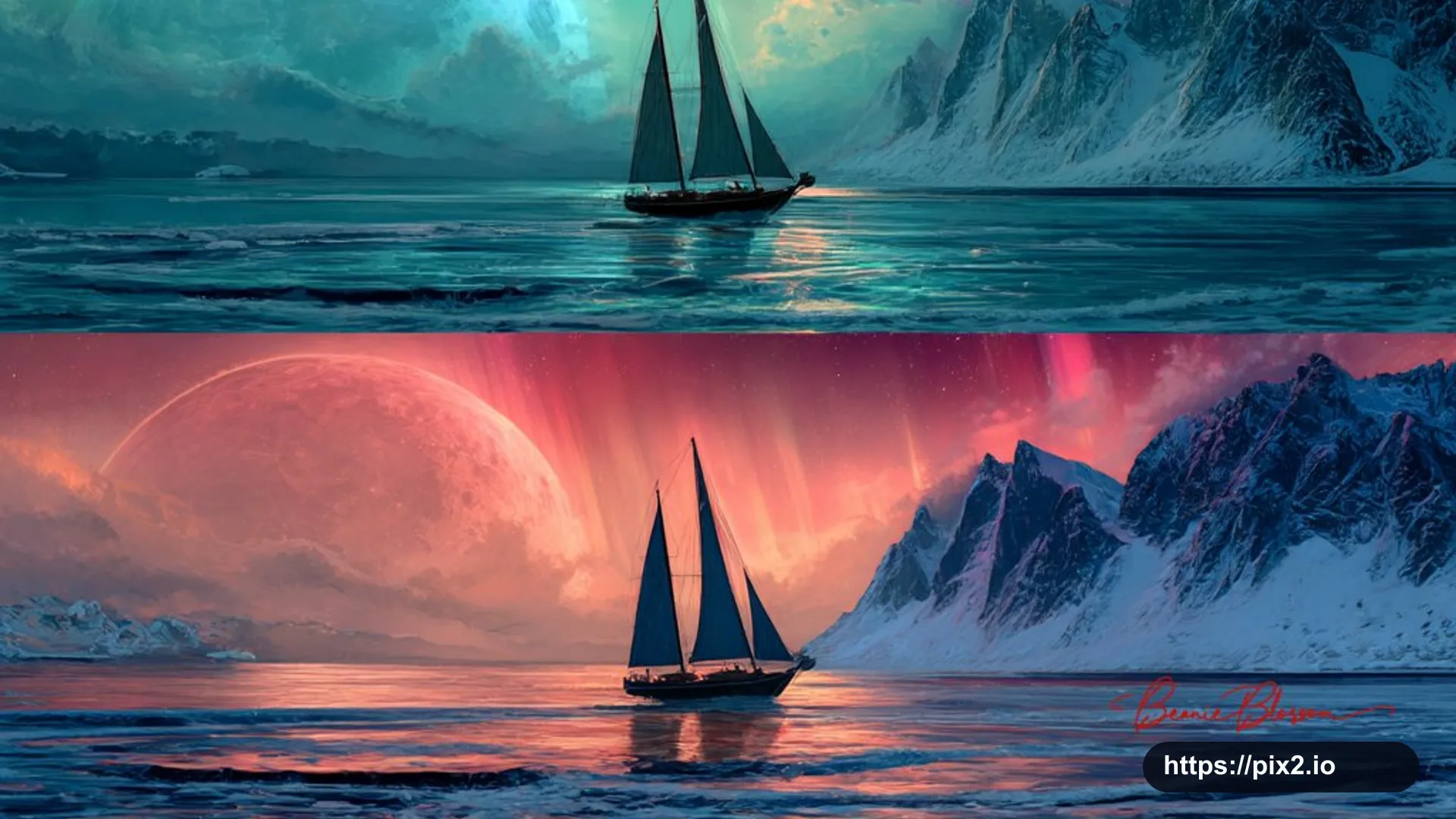 Three Different Fantasy Sailboats In The Ocean