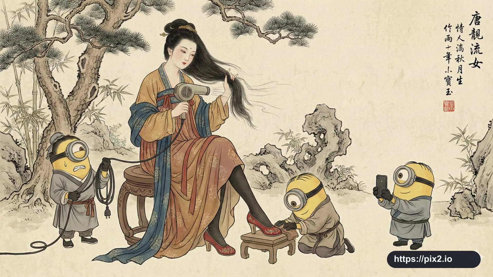 Gongbi Lady With Tiny Attendants